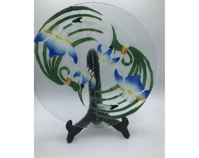 SYDEN-Stricker  Fused Art Glass Dish Platter Blue Iris flowers 13" etched Signed