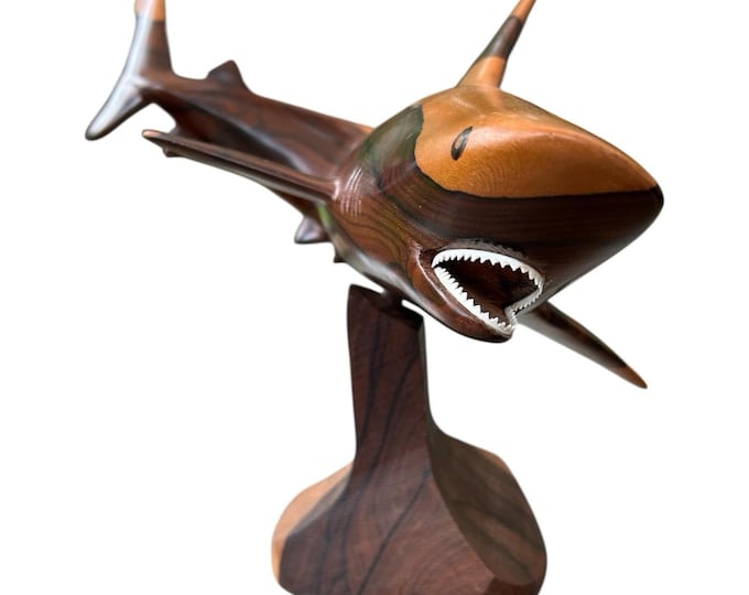 Wooden Hand-Carved  Art Curved Shark Figure Sculpture Approx 18" Large