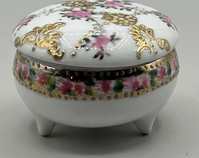 Vintage Nippon Hand painted moriage Trinket Box Porcelain With Lid