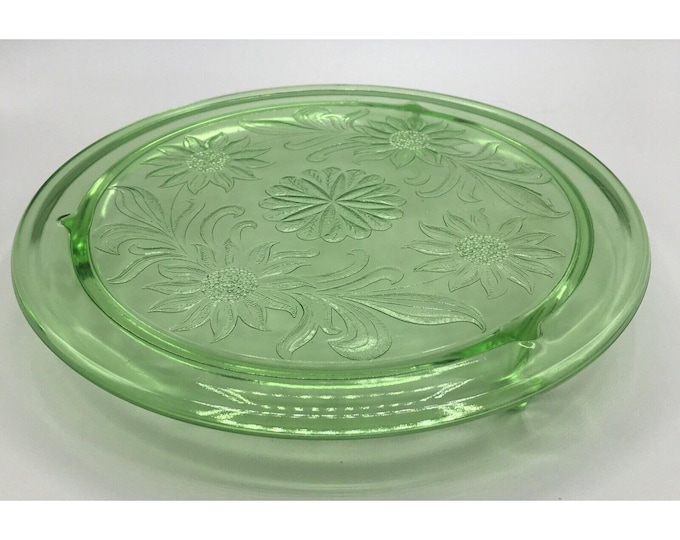 Green Depression Cake Plate W Sunflowers Server