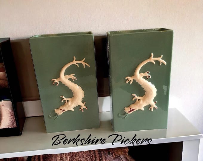vintage Art pottery Dragon Bookend/Vases green ceramic Dragon/salamader set of 2