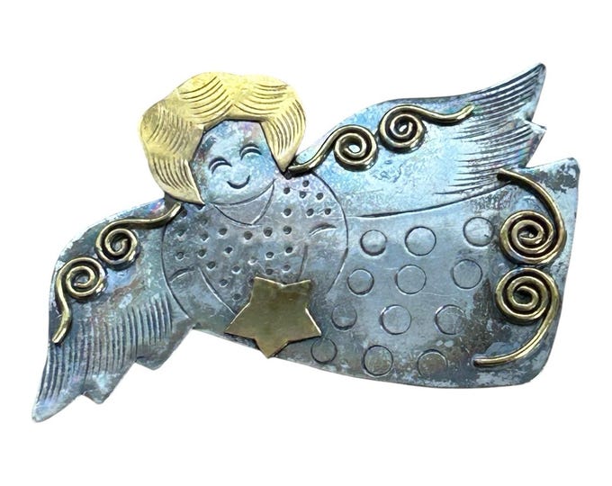 Vintage Artisan Angel Brooch Mixed Metal Brass Wire Folk Art Jewelry