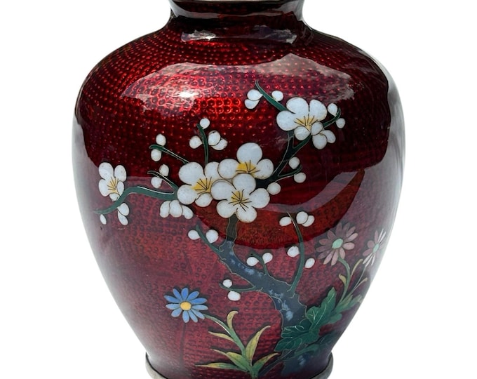 Japanese Red Ginbari Cloisonné Bamboo Cherry Blossom Vase 5 Inches Tall Silver