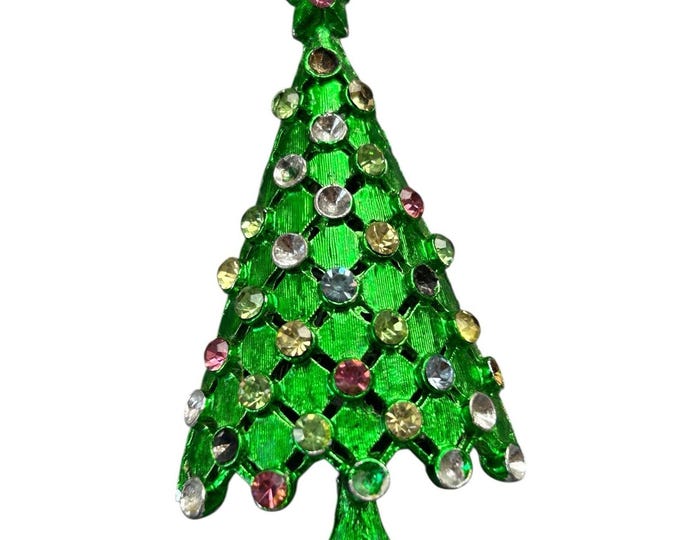 MYLU Signed Pink Yellow Pastel Green Enamel Christmas Tree Holiday Brooch