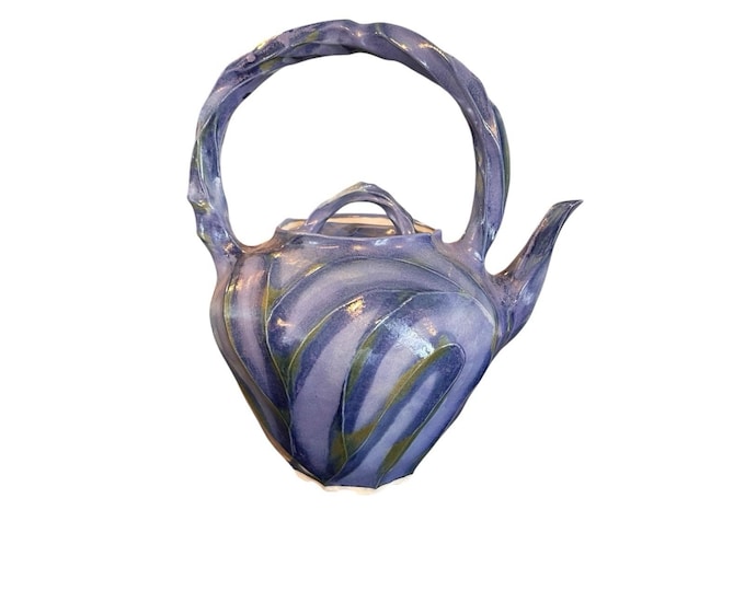 Signed Studio Pottery sculptured Teapot Periwinkle blue green glaze 10" tall