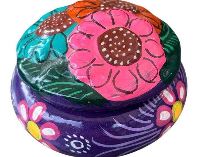 Colorful Mexican Folk Art Handpainted Flowers Covered Terra Cotta Trinket Box 3"