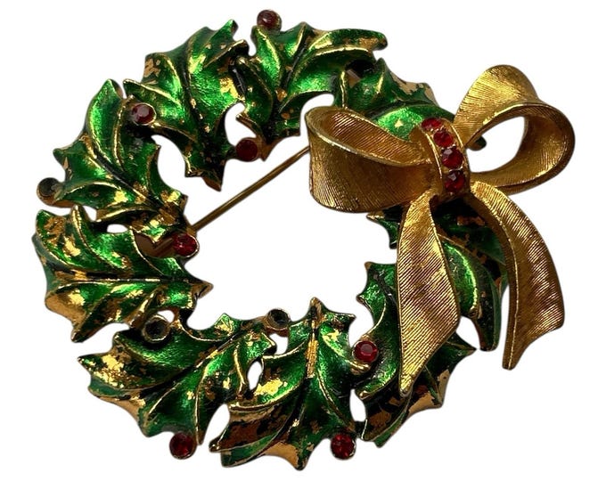 vintage corel Christmas wreath brooch green enamel Holly red rhinestones