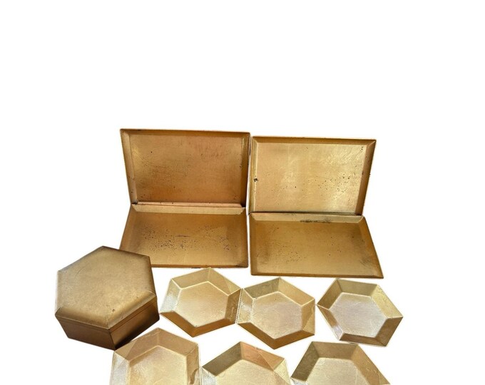 Vintage OMC Japan Gold Plastic Coaster Set w Hexagon Box MCM & 4 trays