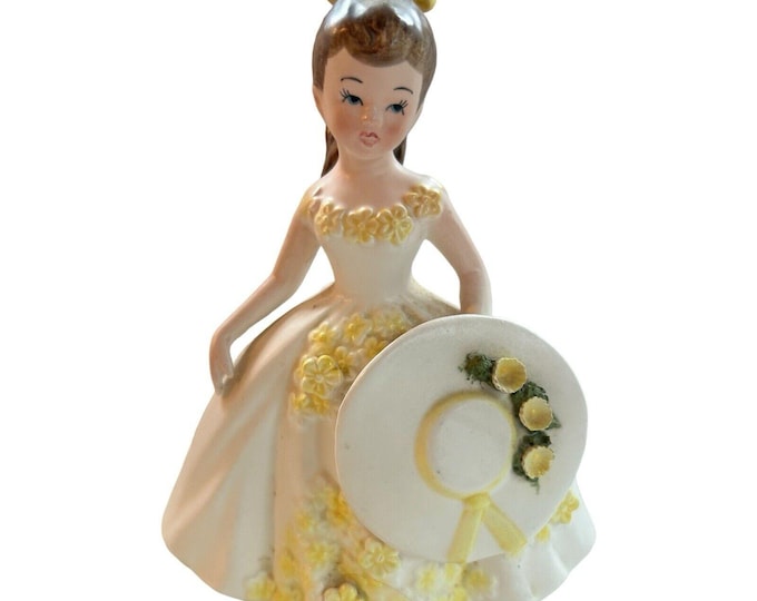 Vintage Lefton Girl Brunette with Bow  Dress W/Yellow Flowers & Hat