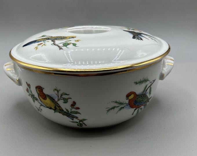 Pillivuyt France Porcelain Exotic Birds Covered Baking Dish Gold Trim