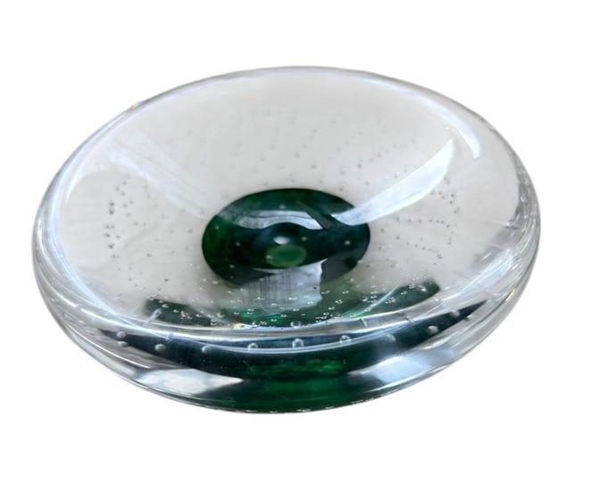 Young & Constantin signed 5" green art glass controlled bubble paperweight/dish