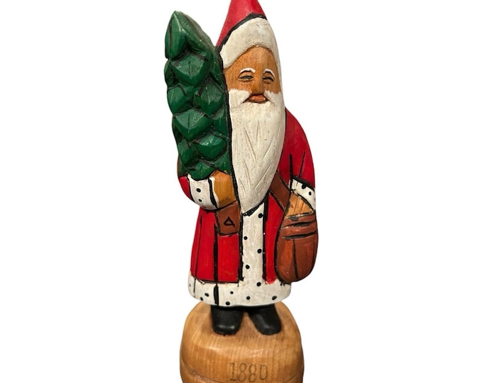 Vintage Folk Art Santa's Figure Carved Wood Wooden Painted Holding a Tree 1880