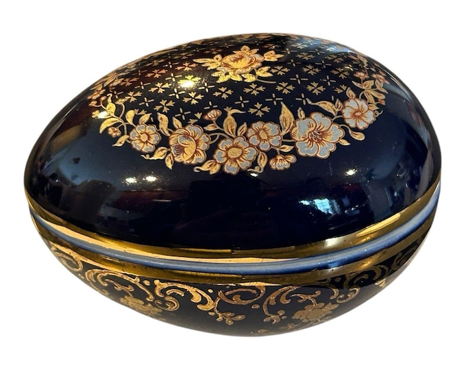 LIMOGES CASTEL Cobalt Blue Easter Egg Trinket Box  22 k Gold