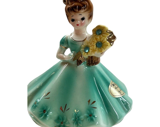 Josef Originals March Birthday Girl Figurine Aquamarine, Sunflowers, Japan