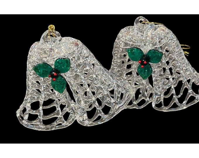 Christmas Around the World spun glass ornaments bells w/holly set of 2