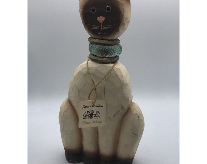 James Haddon signed primitive cat wooden sculpture blue eyes  w/tags