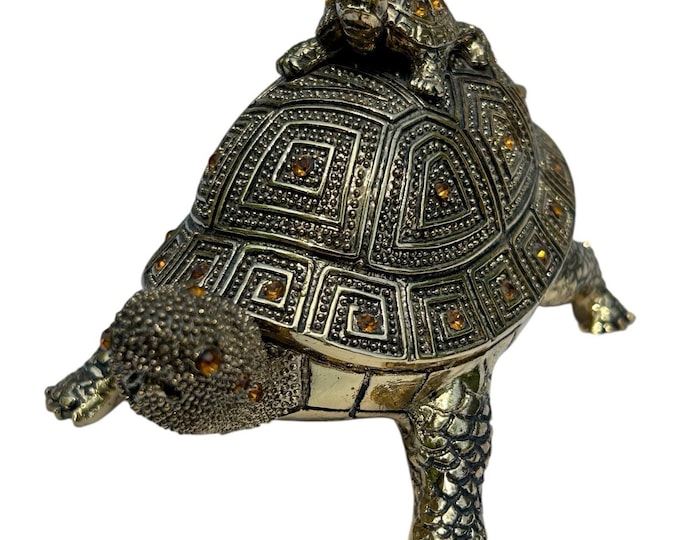 Bombay 3 Piece Turtle Topaz Jeweled Brass Trinket Box Desk Set Vintage Complete