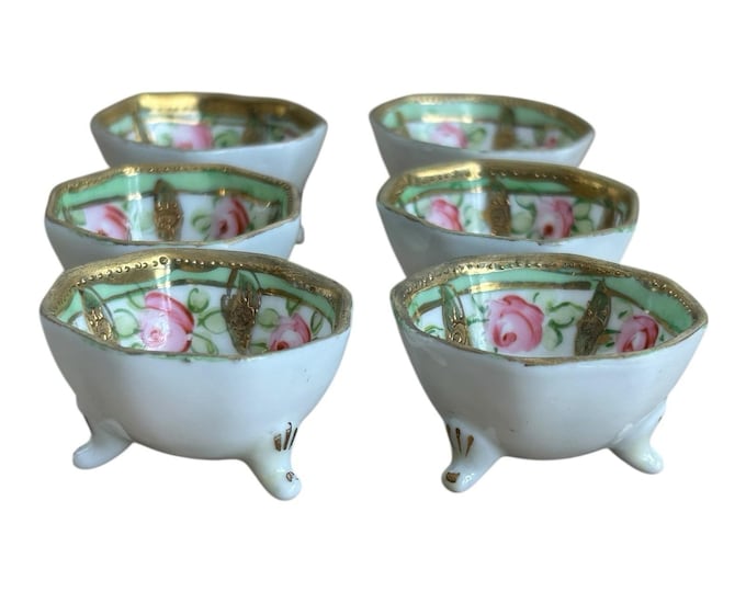 Antique Limoges Porcelain footed open salt cellars set of 6 Hand painted roses