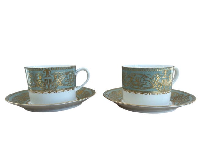 Royal Worcester Balmoral Tea Cups & Saucers  Teal Gold Bone China England set /2