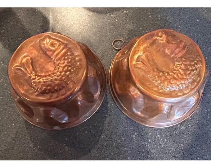 Antique 19th Century  Copper Fish Molds set of 2 wall hanger jello mold