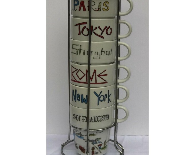 World Market coffee cups with Metal holder NYC/SAN Fran, Paris Rome,set of 6