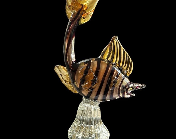 Vintage Murano Art Glass Fish Sculpture Amber Brown Striped Figurine Italy