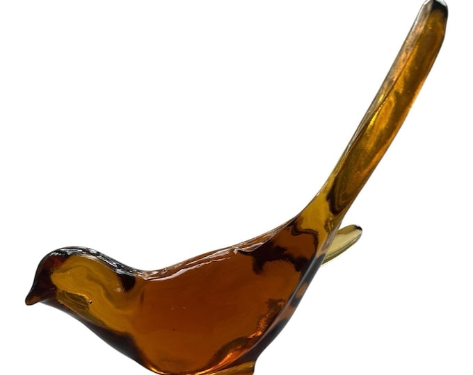 Murano Amber Art Glass Bird Figurine Long Tail Mid Century Italy