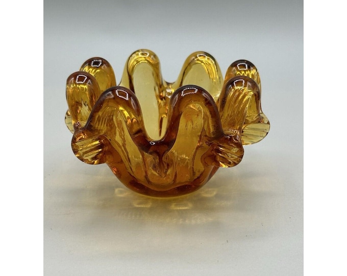 Vintage Amber Glass Ashtray Pinched Petal Blown Bubble Glass Small Trinket Dish
