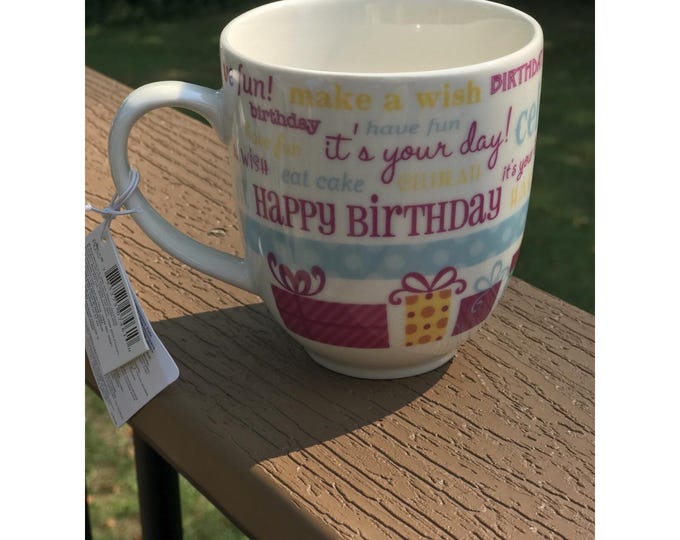HAPPY BIRTHDAY Coffee Cup Mug wording and gifts multi colored by Russ