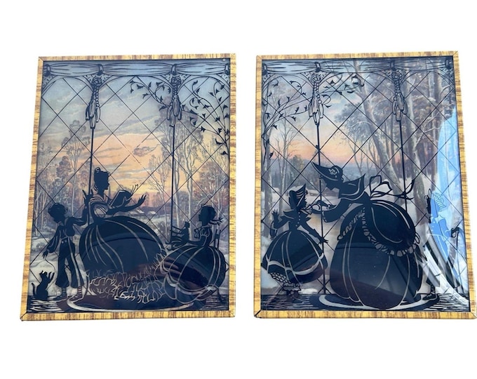 Vintage Colonial Silhouette Reverse Painted Glass Wall Art Pair 1960s"