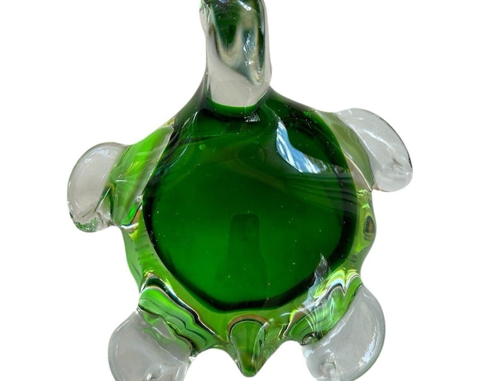 Turtle paperweight hand blown art glass green white Murano style figurine