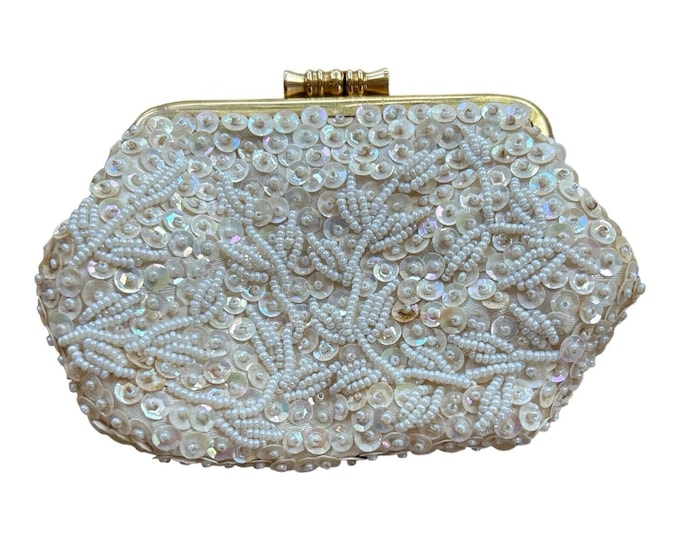 Vintage White Hand Made Beaded Sequin Evening Purse Clutch Hong Kong Emson