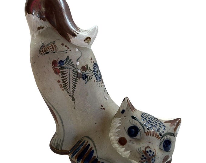 Tonala Mexican Folk Art Pottery Large Floral Cat Signed Figurine 10"