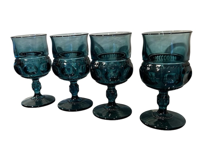 Vintage INDIANA GLASS Kings Crown Thumbprint Teal Goblet Glasses  Set of 4