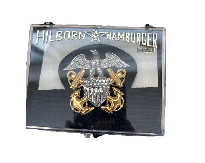 Vintage US Navy Officer Cap Badge Hilborn Hamburger Sterling Gold Filled