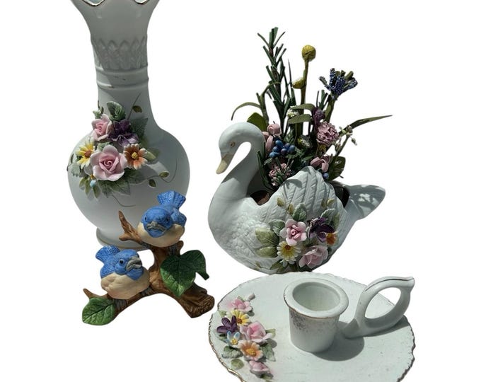 Vintage Lefton Hand Painted Floral Bud Vase Candle Holder Birds Swan Lot Japan 5