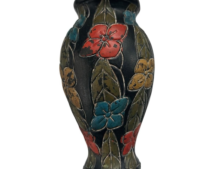 Vintage Black Ceramic Wall Pocket Vase Multi Flowers VTG Pottery Made in Japan