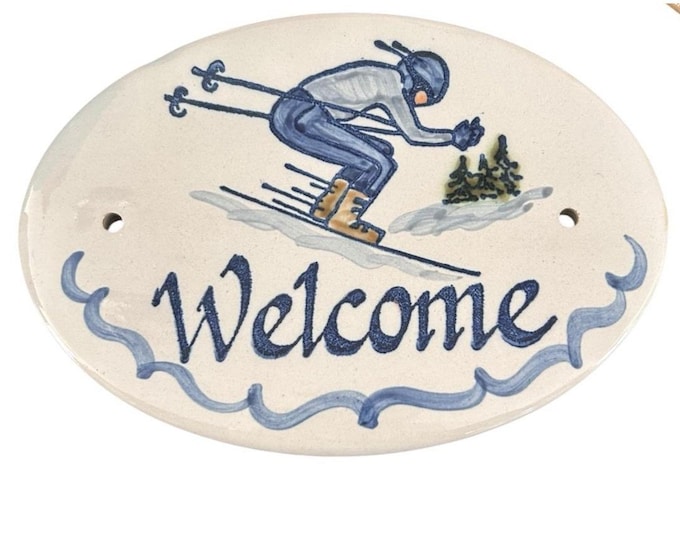 Vintage Ski Lodge Welcome Plaque Hand Painted Pottery Blue Skier made in USA
