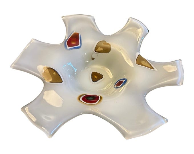 Murano Art Glass White Geometric Pezzato Bowl Mid Century Italy