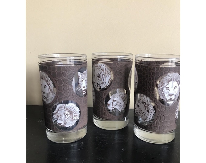 Vintage Libbey Glasses Glass set of 3 Lion Tiger Leopard Ram African Safari
