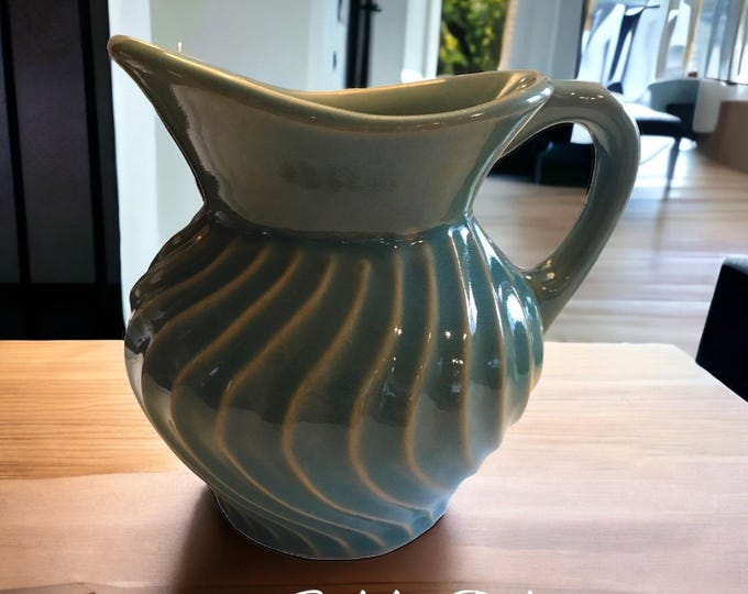 RI Pottery Green Glaze Water Pitcher Swirl Design.