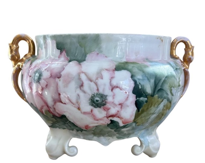 Antique Elite Limoges France Hand Painted Floral Cachepot Jardiniere Gold