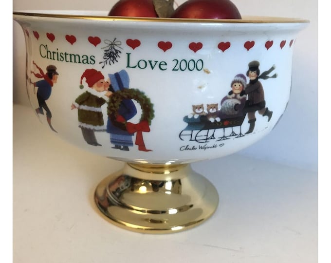 Charles Wysocki Ceramic Pedestal Bowl or Planter Christmas Love 2000