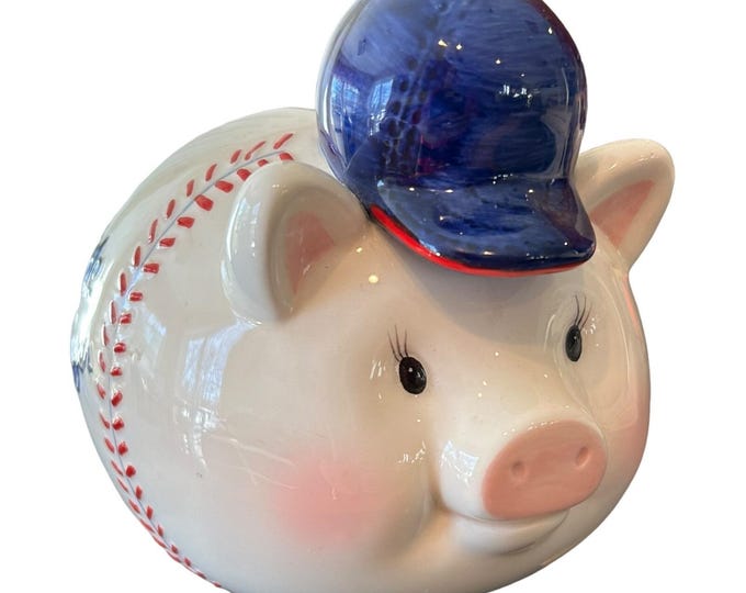 2001 Mud Pie Little Slugger Glossy Hand Painted Ceramic Piggy Bank With Cap