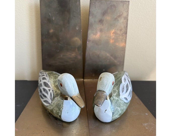 Vintage Hand Painted Enameled Brass Duck Decoy Bookends