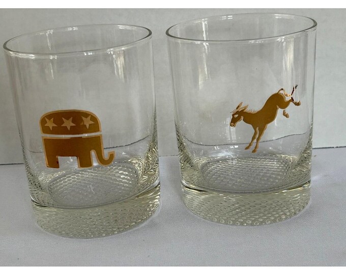 Republican Elephant / Democrat Donkey Set  2.cocktail Bar Glasses Bubble Bottom