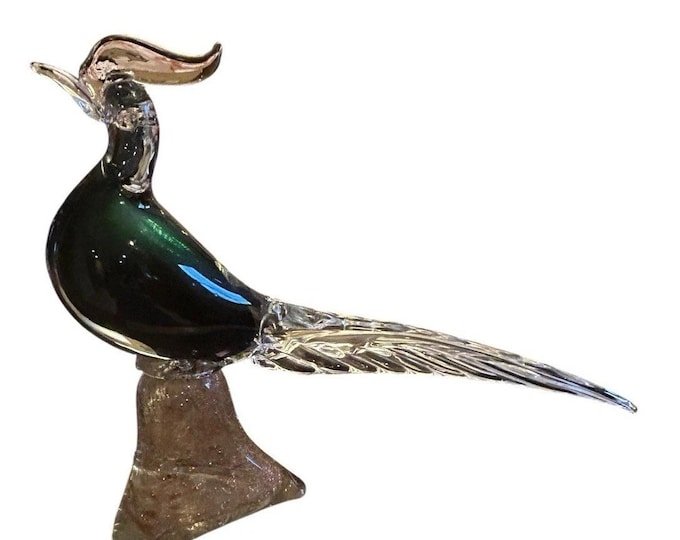 Vintage Murano Glass Bird Figurine Green Sommerso Aventurine Base Italy 12"