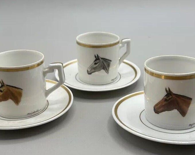 Equestrian Gold Trim Demitase 3 Cups & 3 Saucers Signed REINBOLD