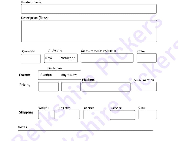 Printable PDF Hard Goods listing sheet for Resellers