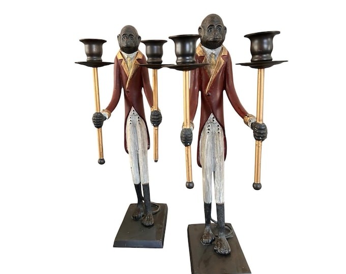 Bronze/Brass Maitland Smith Monkey Butler Duel Candle Holders set/2 vintage 17"